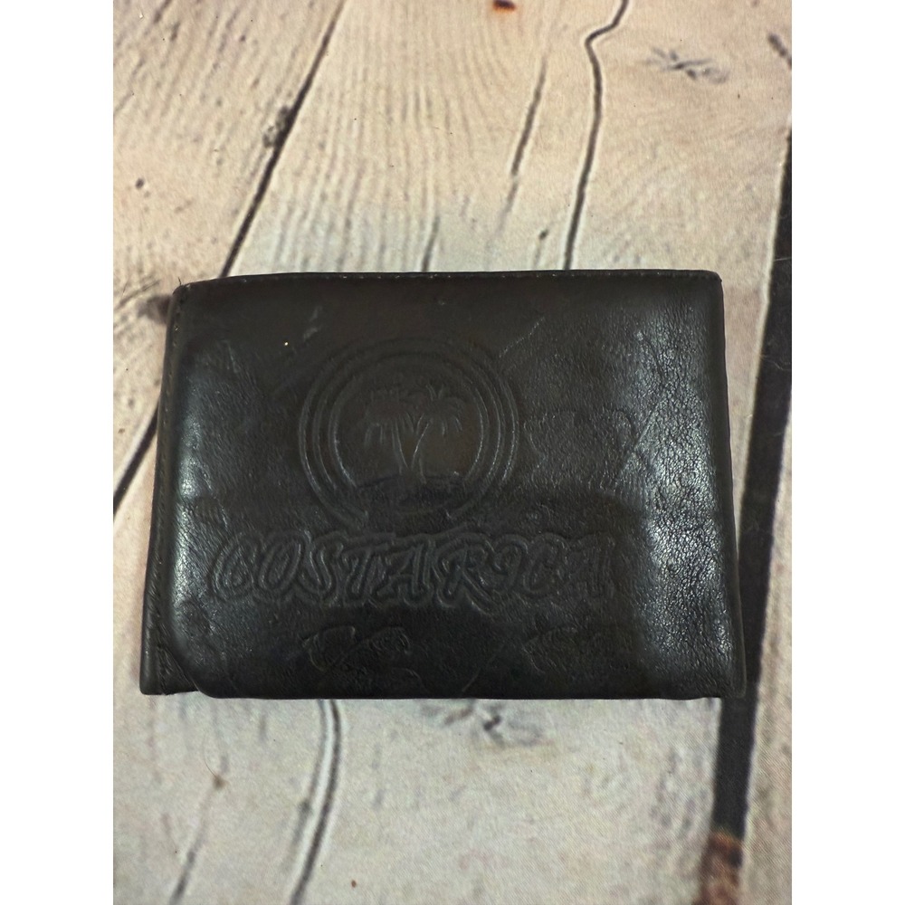 Costa Rica Black Leather Wallet Palm Tree Travel Souvenir Bi-Fold